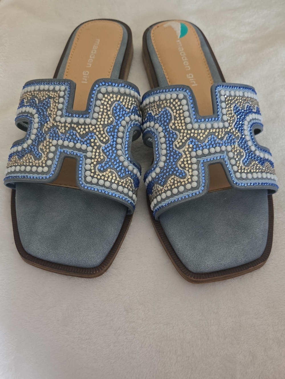 Beaded Blue & Pearl Cryatal Slide Sandals - Maden Girl Size 8